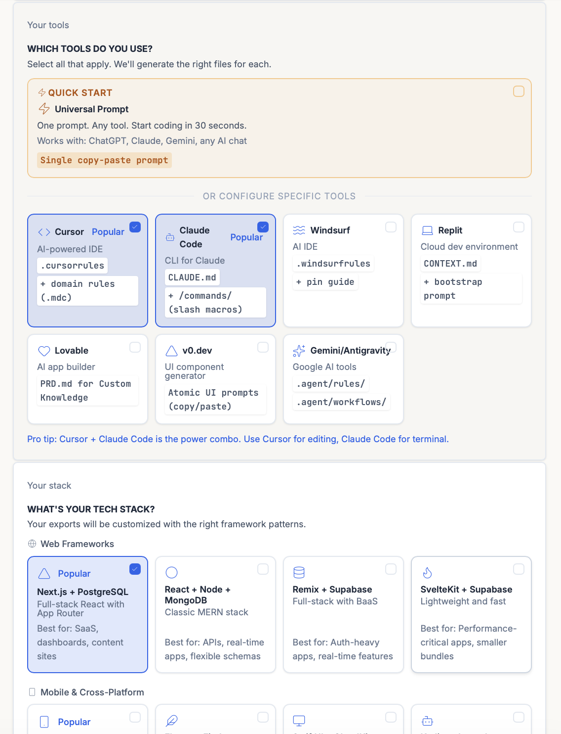 ShipFit export step. PRD, pitch deck, tech stack and AI setup ready to ship